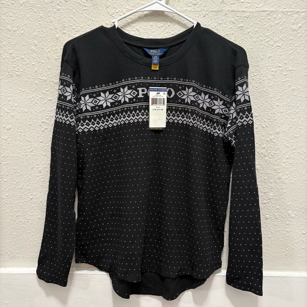 Polo Girls Waffle Knit Long Sleeve Winter Snowflake Fair Isle Top NWT L 12/14